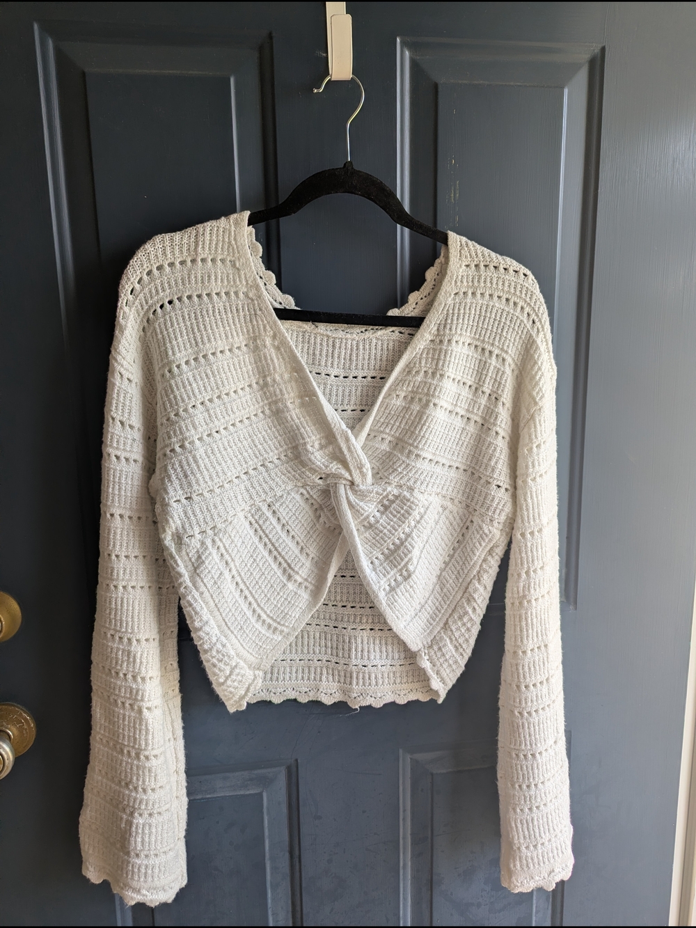 Pink Rose Cream Knitted Twist-Front Cropped Sweater